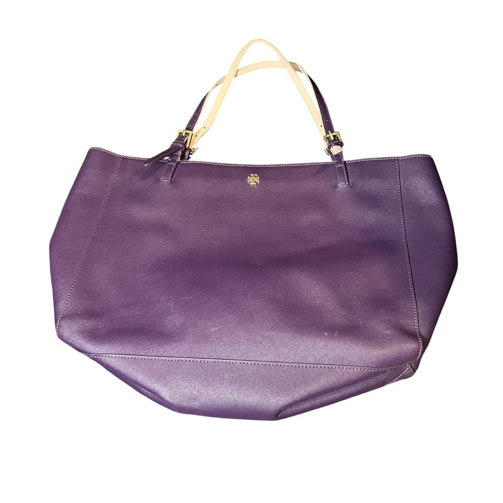 Tory Burch Buckle Tote Womens Large Purple Saffiano Leather Shoulder Bag